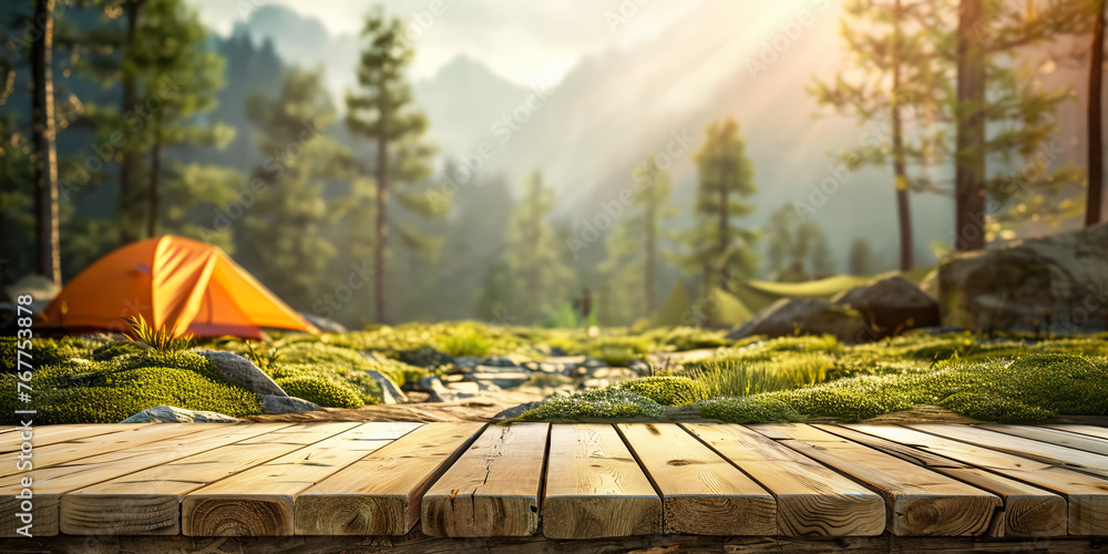 Naklejka premium camping wooden tabletop, empty wood table top in green forest, concept of outdoor nature activity dais podium counter product display platform mockup background banner with copy space
