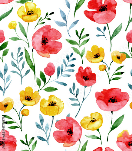 watercolor seamless pattern with wildflowers. red and yellow poppies on a white background  abstract print