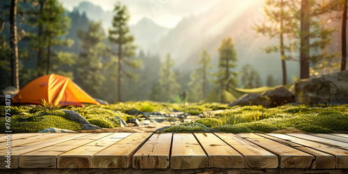 camping wooden tabletop, empty wood table top in green forest, concept of outdoor nature activity dais podium counter product display platform mockup background banner with copy space photo