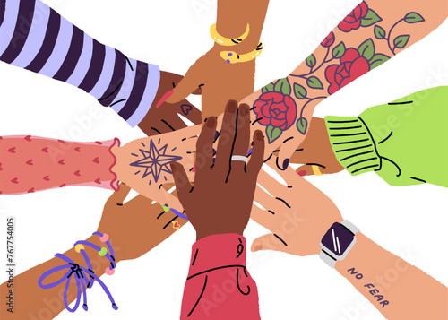 Diverse female hands join. Women team trusts, supports feminism community. Teamwork concept. People put arms together surround. Girls work in cooperation. Flat isolated vector illustration on white