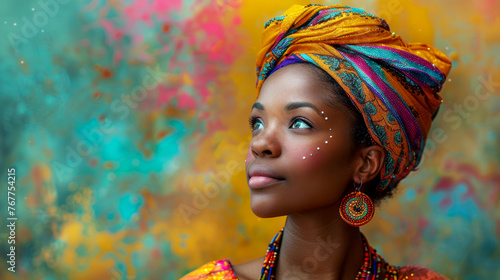 Portrait of a black woman, adorned in colorful traditional attire, admiring a vibrant abstract painting background