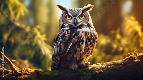 Close up portrait of a Great horned owl, blurred out forest background banner wallpaper HD © Mockup Lab