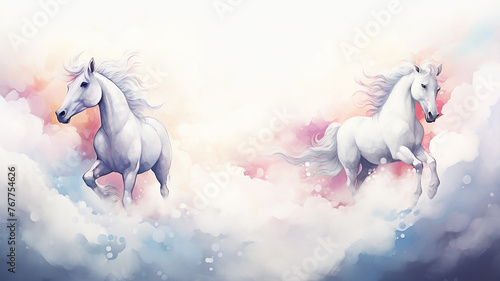 White horses running among the clouds, watercolor postcard background