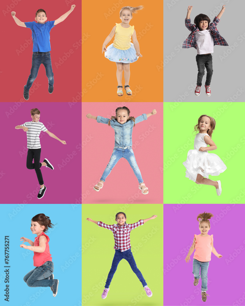 Group of children jumping on color backgrounds, set of photos Group of children jumping on color backgrounds, set of photos