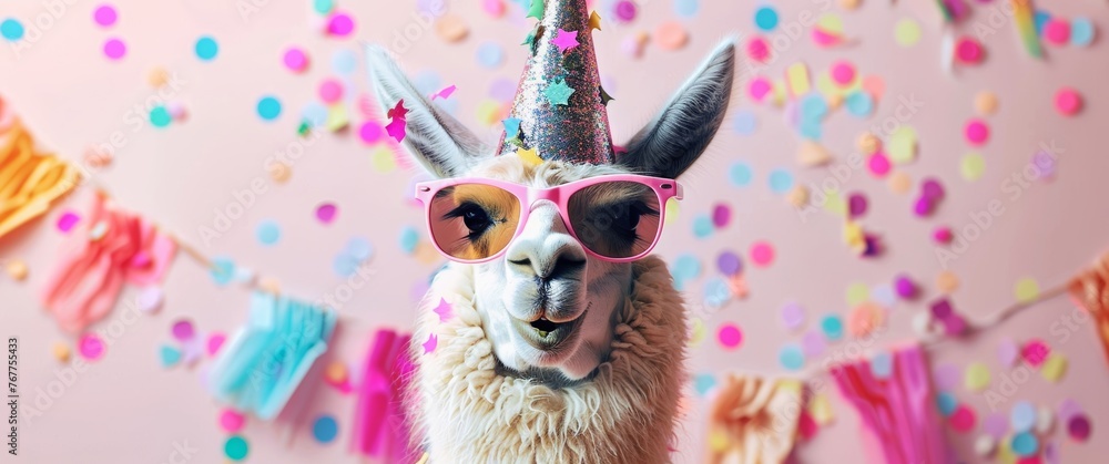 Obraz premium llama wearing sunglasses and a party hat on a blue background with confetti. Web banner with empty space on the right in the style of copyspace. Banner for birthday card design. Happy smiling llama