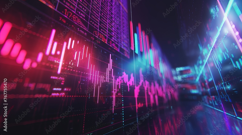 Stock market images. An image on the theme of digital investment in the stock sector. Several dynamic graphs and waves show development in real time.