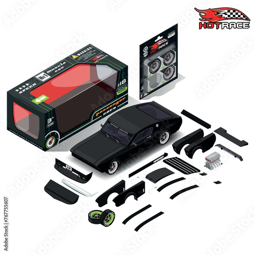 Rectangular box with transparent window mockup with car and details. Vector illustration isolated on white background