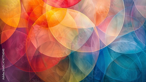 Overlapping translucent circles in a range of hues create an ethereal and modern abstract design. Suitable for use in graphic design projects