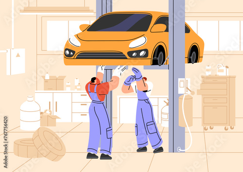 Mechanics fix breakdowns, examine suspension, change wheels with car lift. Repairmen do maintenance in auto service station. Men repair automobile, do bodywork in garage. Flat vector illustration