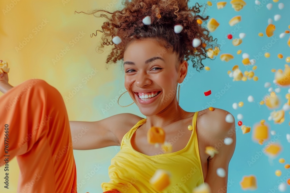 Woman with a good physique happily of junk food , on a soft-colored backdrop, representing a positive approach to nutrition and health Woman with a good physique happily of junk food , on a soft-colored backdrop, representing a positive approach to nutrition and health