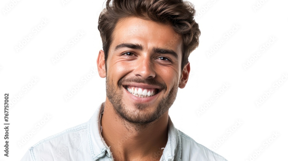 Bright-Smiled Young Man in Casual White Tee - Generative AI Bright-Smiled Young Man in Casual White Tee - Generative AI