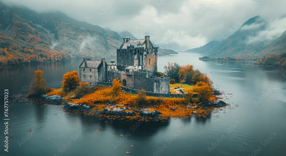 A castle in the middle of a quiet lake Surrounded by beautiful nature ...