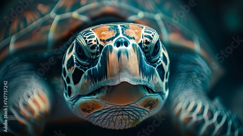 A sea turtle enjoying its aquatic and beach life Animals reptilian of the ocean background - Closeup of sea turtle underwater photography portrait. water diving holiday coral reef swimming snorkeling