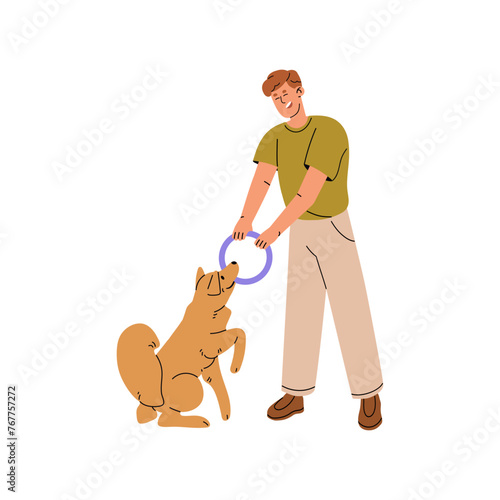 Owner fun pulls rubber chew toy with his puppy. Pet sitter plays with dog. Trainer teaches command, training obedience of fluffy doggy. Pup does exercises. Flat isolated vector illustration on white