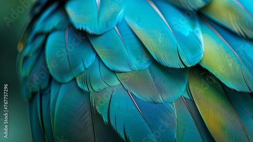 Dark blue Exotic feathers for design and pattern. beautiful bird feathers of Blue and Purple, green. Exotic natural different, Brazil .texture feathers background, closeup bird wing. plumage.