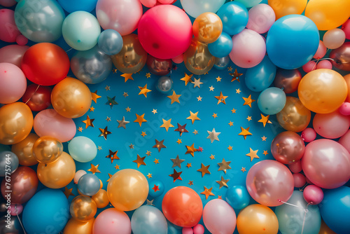 Celebration Background with Colorful Balloons and Golden Stars  Festive Atmosphere