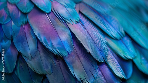 Dark blue feathers for design and pattern. beautiful bird feathers of Blue and Purple, green. Exotic natural different, Brazil .texture feathers background, closeup bird wing. plumage.