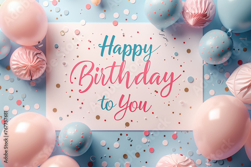 Elegant Birthday Greeting with Pastel Balloons and Confetti, Celebratory Wish