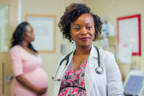 Pregnant woman in clinic, prenatal health check, reproductive examination, obstetric care photo