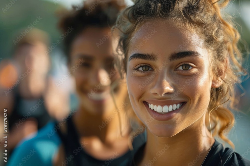 Woman and a joyful athlete smiling post-run, capturing the satisfaction and happiness following a marathon training workout. Woman and a joyful athlete smiling post-run, capturing the satisfaction and happiness following a marathon training workout.