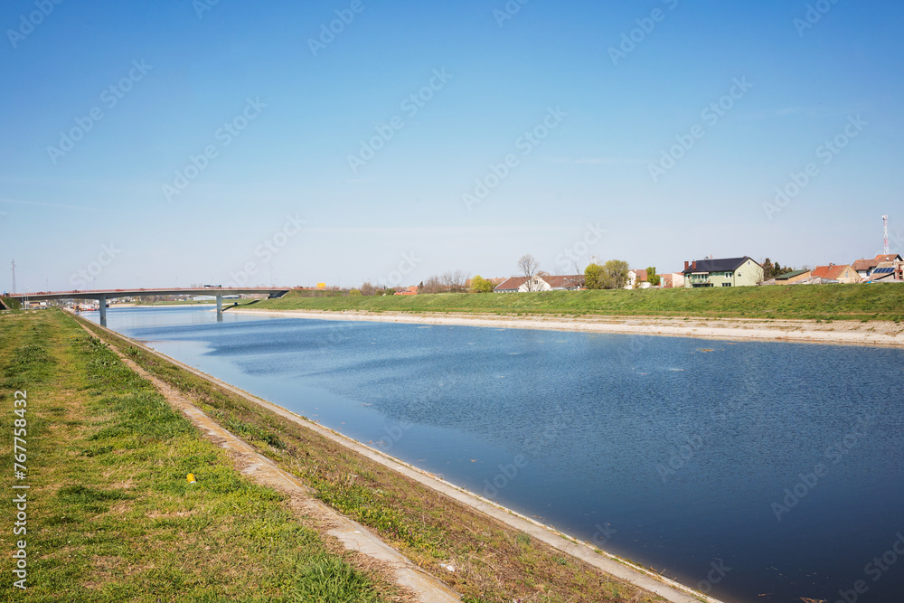 Calm idyllic spring sunny day on river Novi Sad Serbia