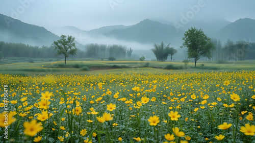 Cole flowers and Chinese landscape photo