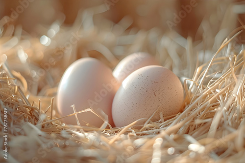 Close up eco friendly chicken eggs with nest. White eggs in a hay.  
Natural products concept with copy space.  photo