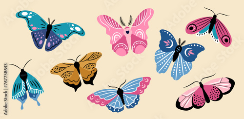 Beautiful butterflies of different shapes on beige background. Vector colorful set of illustrations for the design of packaging  cards  patterns.