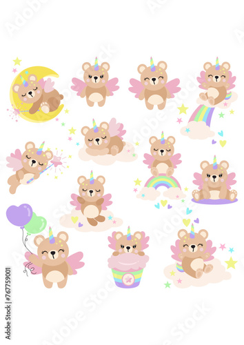 Fototapeta Naklejka Na Ścianę i Meble -  Set of cute unicorn teddy bear