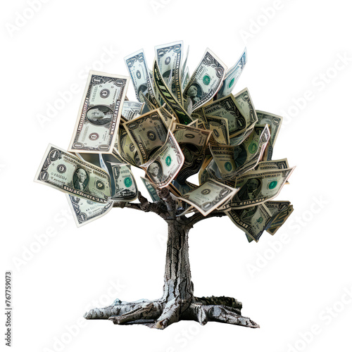 A tree with dollar bills for leaves. Isolated on transparent background.
