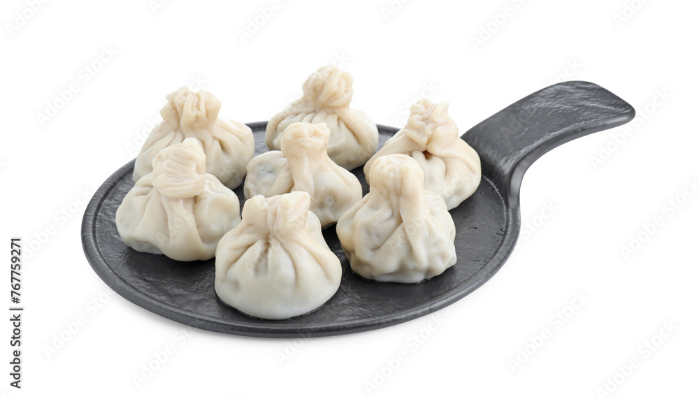 Fototapeta premium Serving board with tasty fresh khinkali (dumplings) isolated on white. Georgian cuisine