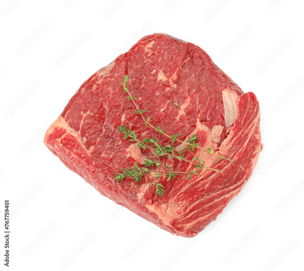 Obraz premium Fresh raw beef cut with thyme isolated on white