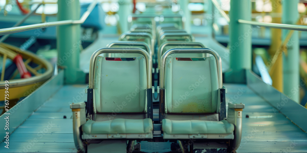 Obraz premium Empty blue roller coaster seats at an amusement park. Close-up of Roller coaster seat await riders, theme park background.