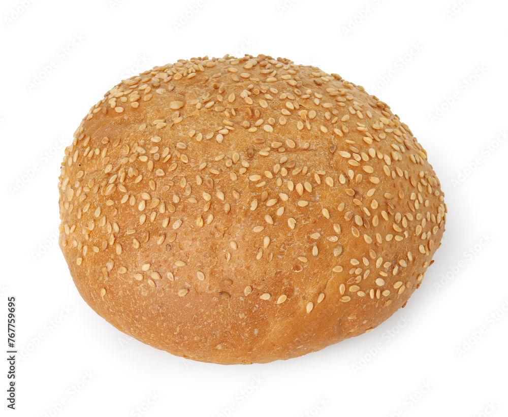 One fresh hamburger bun with sesame seeds isolated on white One fresh hamburger bun with sesame seeds isolated on white