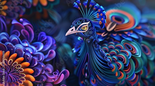 A Peacock Sculpture Digital Paper Quilling Art