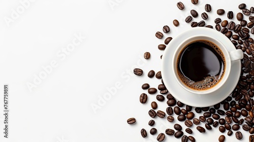 Set of paper take away cups of different black coffee isolated on white background, top view. Coffee cup and beans. Overhead view of backdrop representing halves dark brown coffee beans pleasant scent