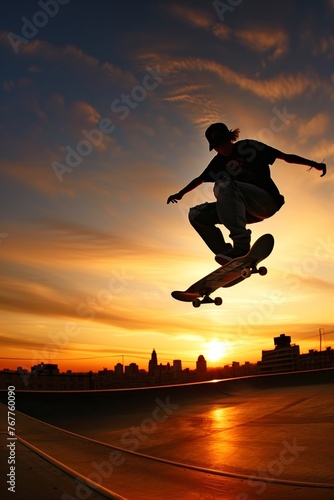 Sunset Skateboarding Stunt Over Cityscape Silhouette