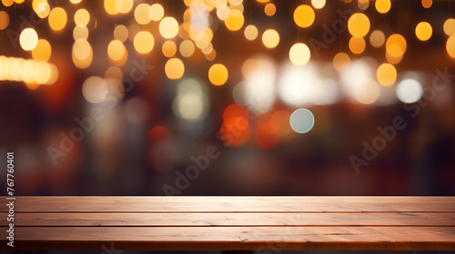 Background Image of wooden table in front of abstract blurred restaurant lights 