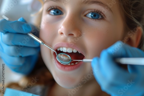 A young girl is having her teeth examined by a dentist