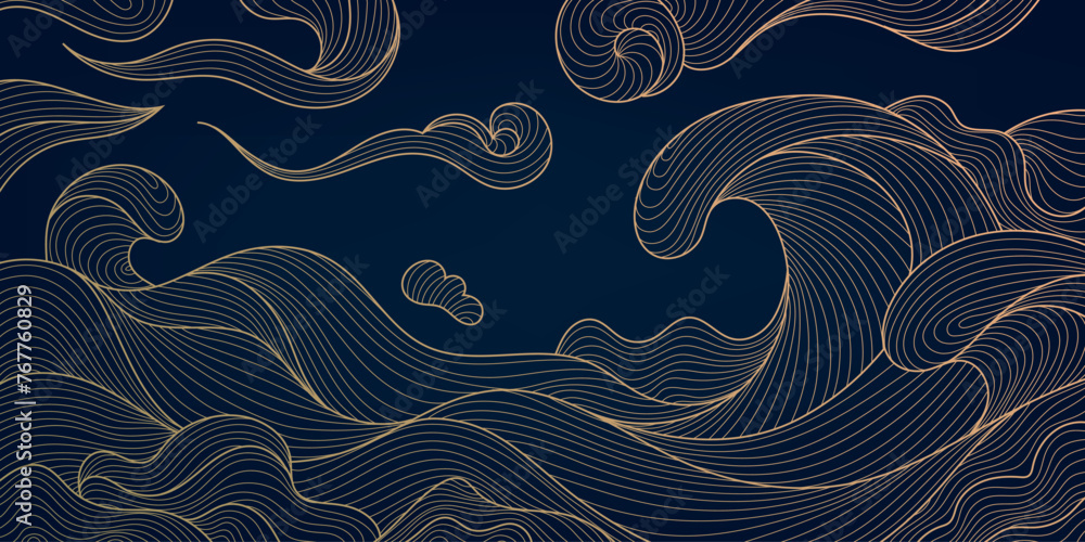 Vector sea waves japanese style pattern. Golden line illustration, water, ocean with clouds and wind. Vintage wallpaper, poster, wall art - obrazy, fototapety, plakaty 