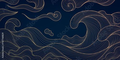 Vector sea waves japanese style pattern. Golden line illustration, water, ocean with clouds and wind. Vintage wallpaper, poster, wall art