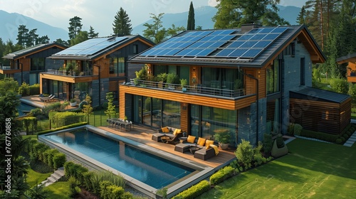 Residential area with houses, solar panels, and swimming pool