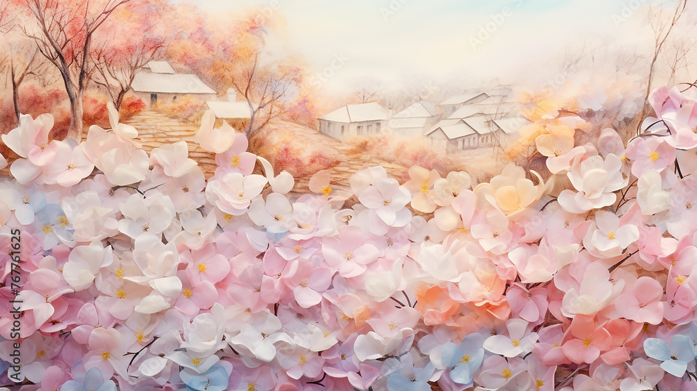 Flower petals on the background of an autumn landscape, a postcard in watercolor style