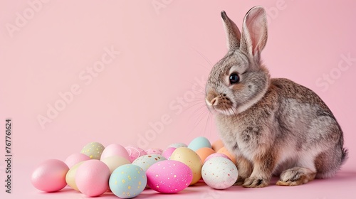 Easter Bunny surrounded by colorful Easter eggs in a fluffy, white fur Cute rabbit with eggs, isolated on a farm Easter Bunny surrounded by colorful Easter eggs in a fluffy, white fur Cute rabbit