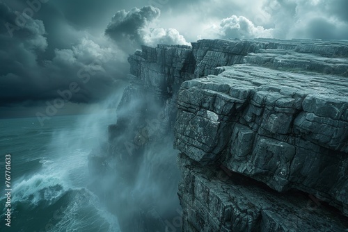 Dangerous, steep cliff with jagged rocks against  sky, capturing the raw power of nature photo