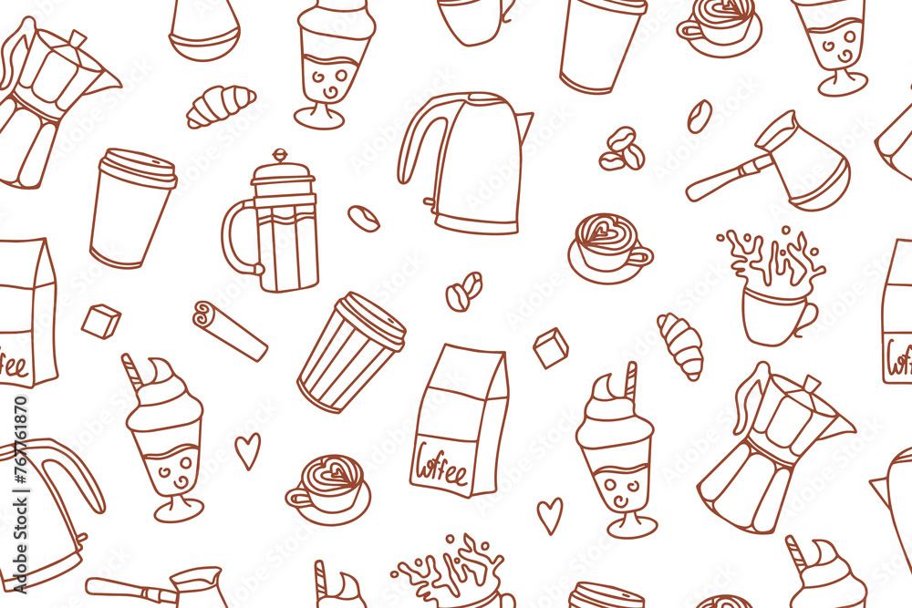 Seamless pattern of coffee time doodle. Teapots, cups, turk and sweets in doodle style. Vector Seamless pattern of coffee time doodle. Teapots, cups, turk and sweets in doodle style. Vector