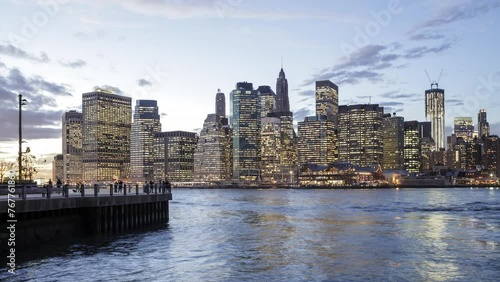 New York City lower Manhattan skyline cityscape at twilight, Time lapse photo