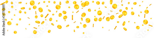 Indian rupee coins falling. Scattered gold INR