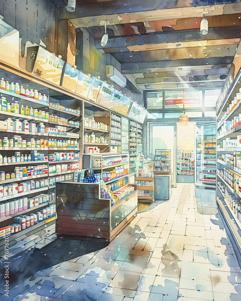Detailed watercolor illustration showcasing the quiet interior of a pharmacy with shelves stocked with various products.