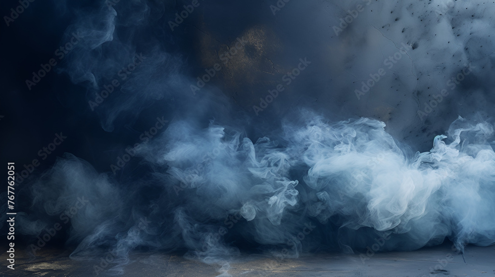 smoke from the chimney, Mysterious Mist Envelops The Textured Dark Blue Concrete Wall And Floor Background